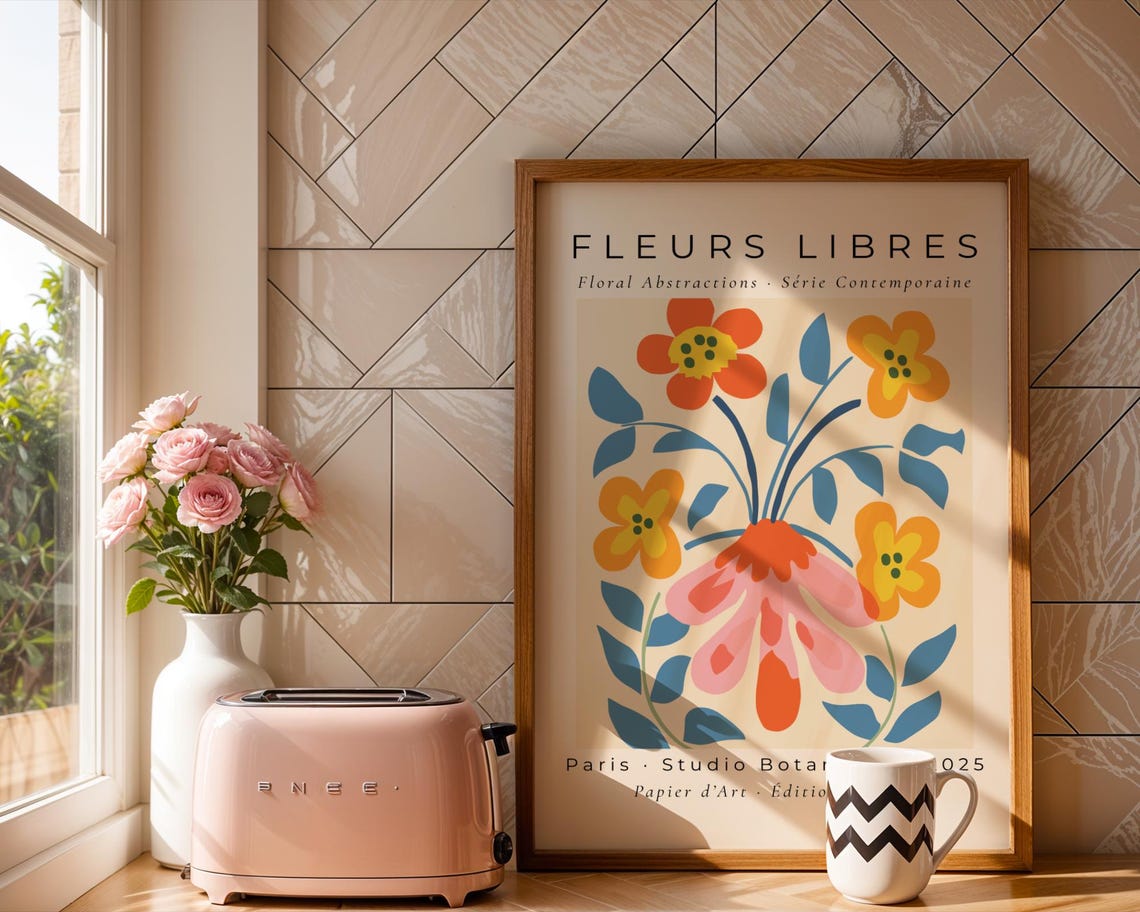 Fleurs Libres Pink Petal Blossoms Blue Leaves Botanical Art Print