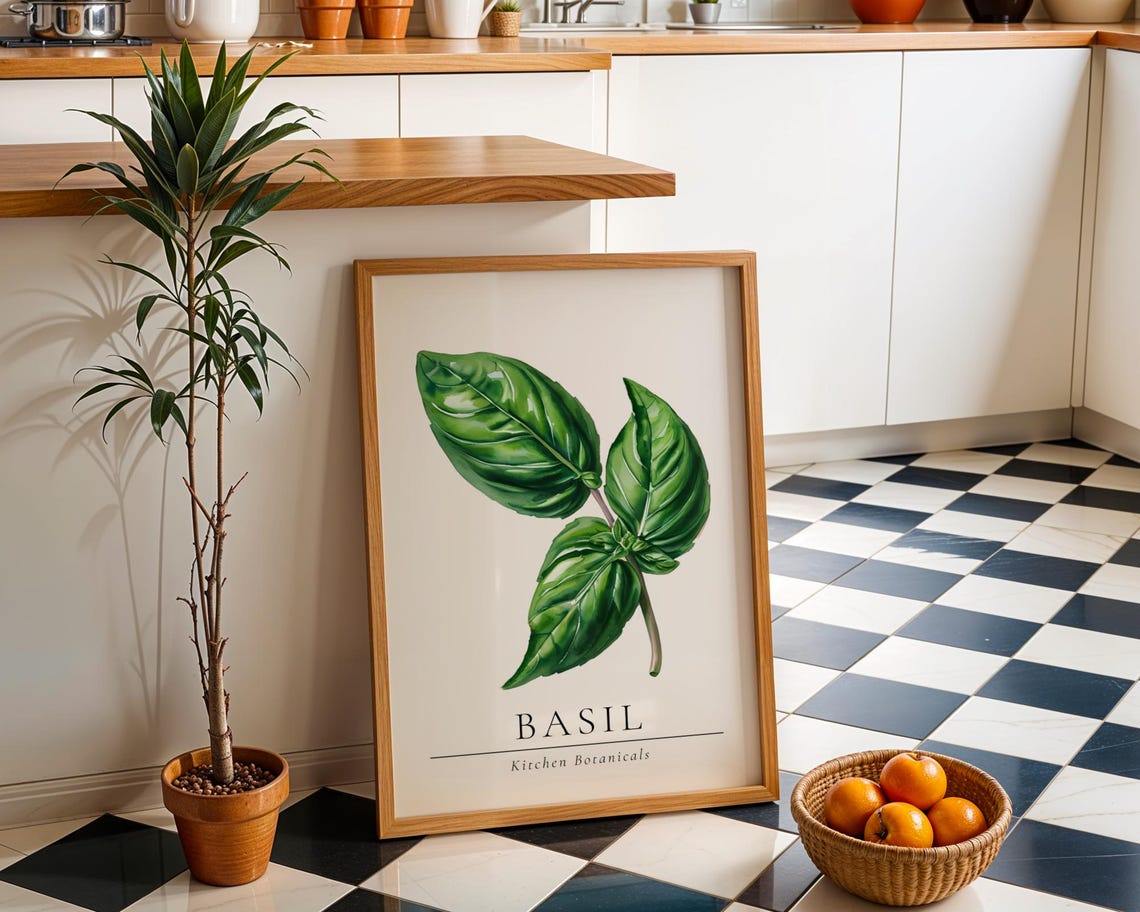 Basil Kitchen Botanicals Green Herb Vintage Illustration Art Poster