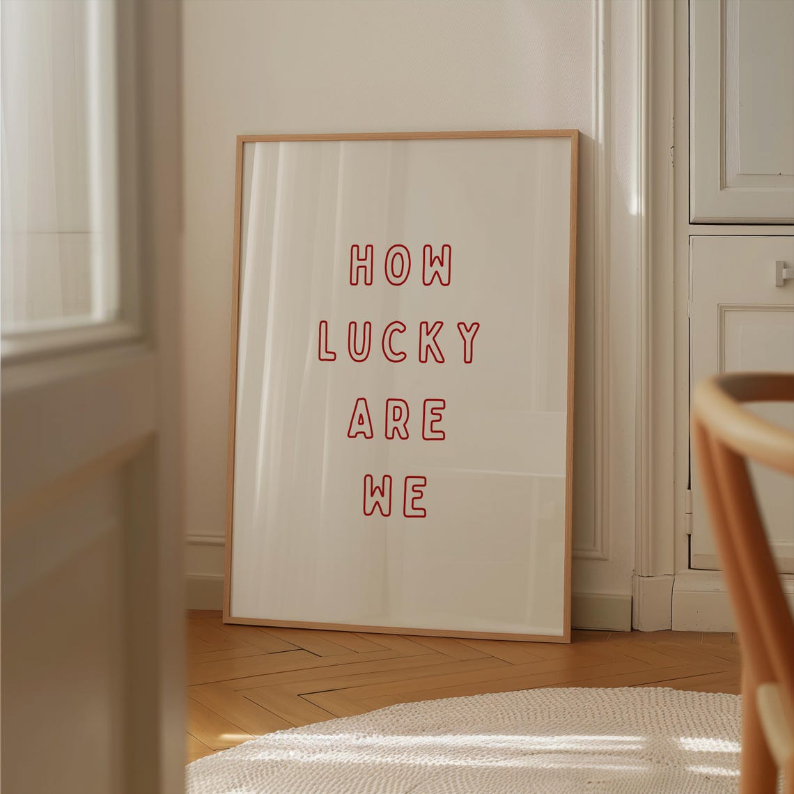 How Lucky Are We Red Outline Lettering Minimalist Cream Wall Poster - Image 2