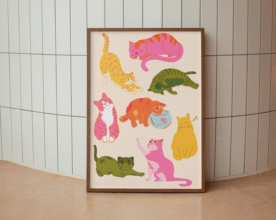 Cat Wall Art Print, Funny Cute Kitten Retro Decor