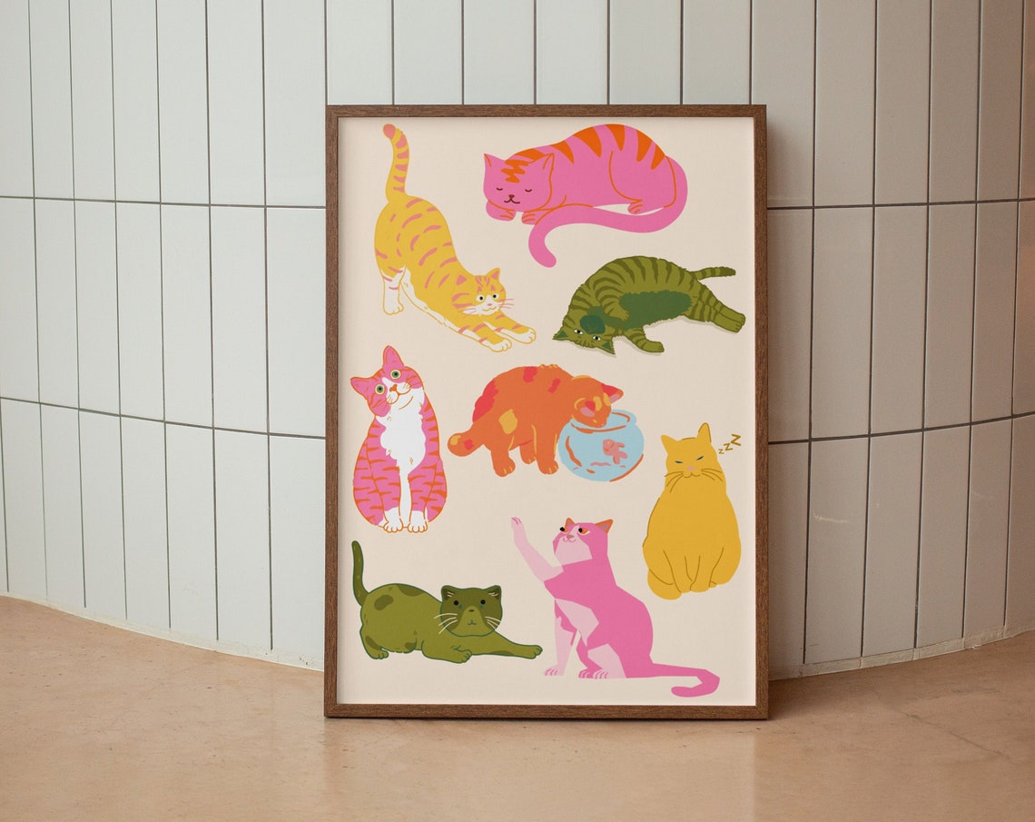 Cat Wall Art Print, Funny Cute Kitten Retro Decor