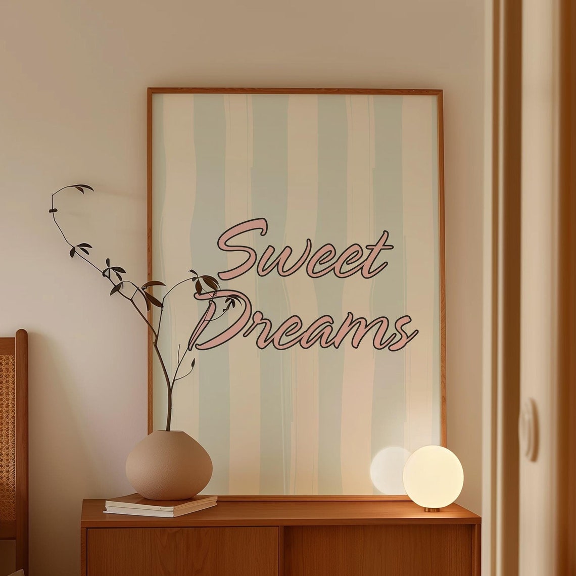 Sweet Dreams Retro Script Poster Sage Green Striped Cozy Bedroom Decor