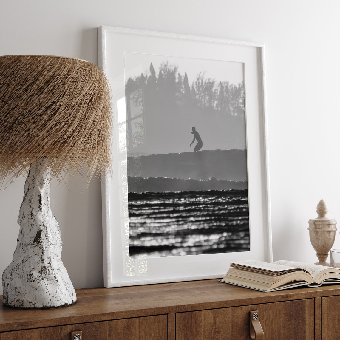 Surfer Silhouette Black And White Sunrise Ocean Sparkle Surf Print - Image 5