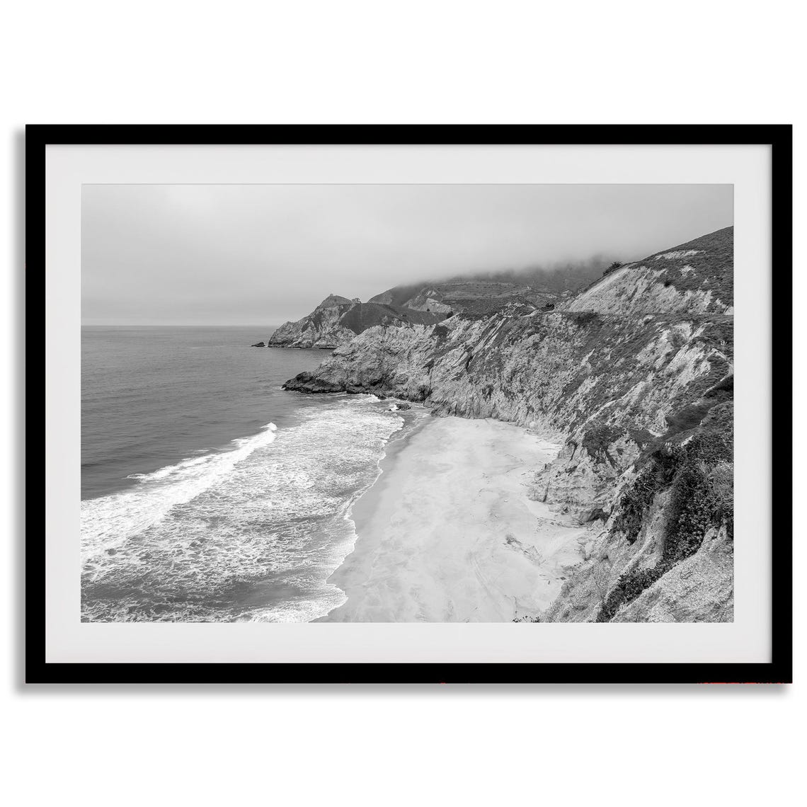 California Coastal Bluffs Misty Beach Cliffs Black White Shore Poster - Image 3
