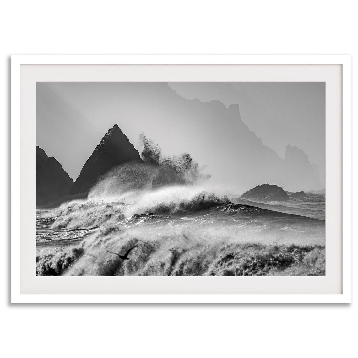 Black And White Crashing Ocean Waves Sea Stacks Moody Coastal Poster - Image 4