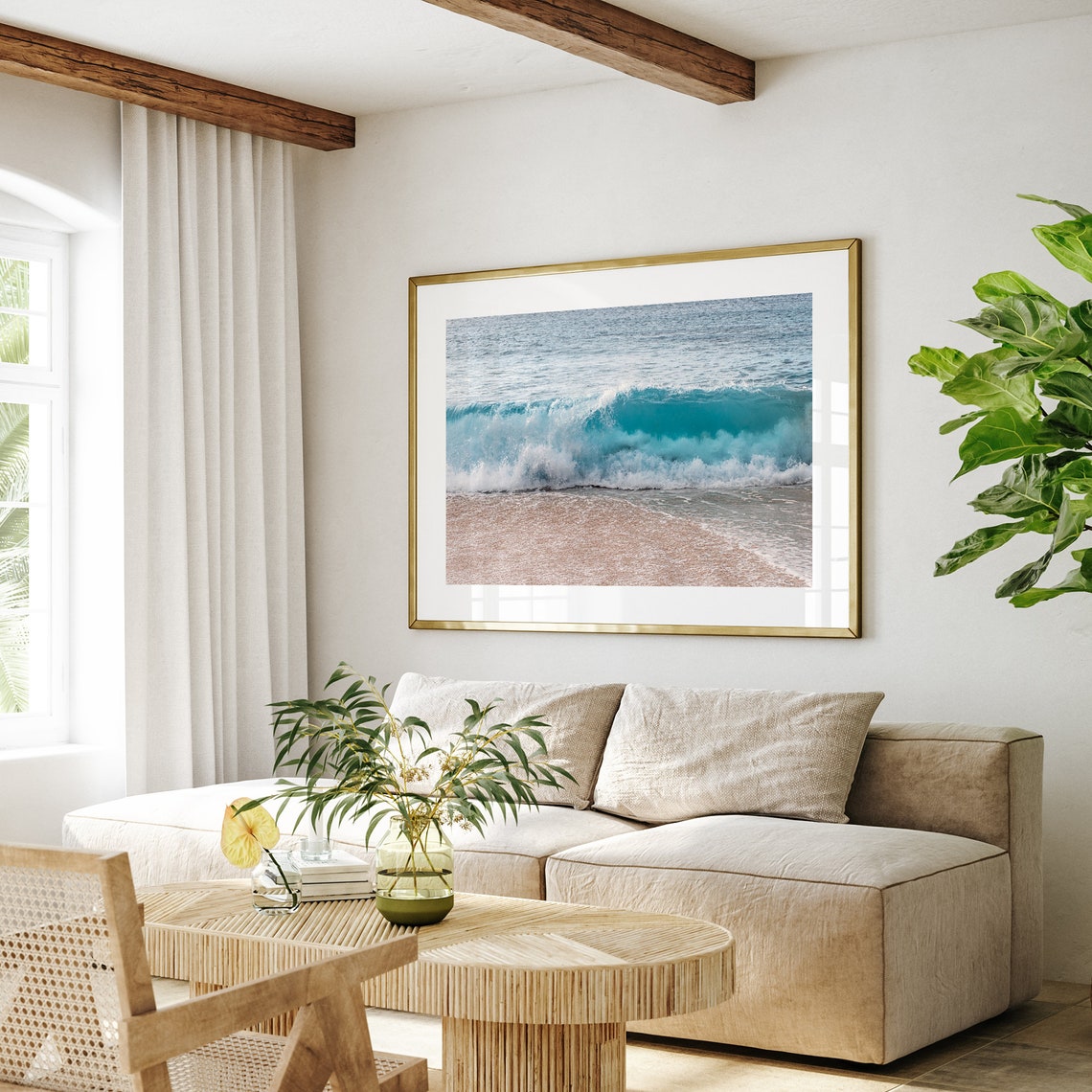 Turquoise Ocean Wave Breaking Sandy Beach Shoreline Surf Poster - Image 3