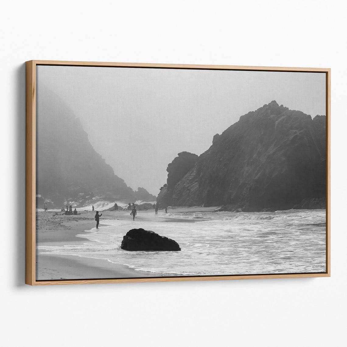 Black And White Beach People Walking Rocky Cliffs Foggy Coast Poster