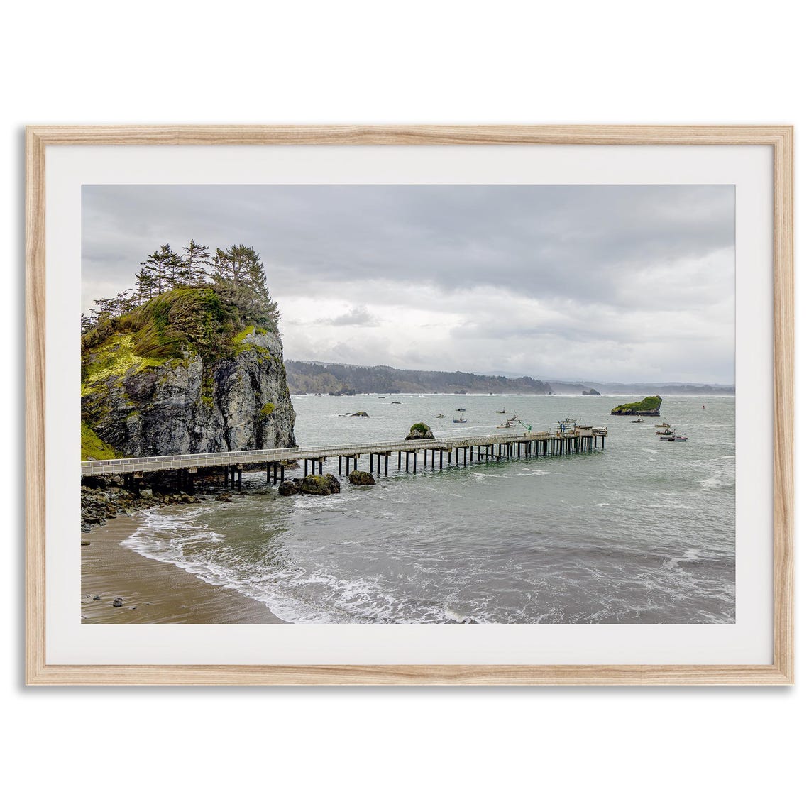 Pacific Northwest Coast Long Pier Sea Stacks Moody Gray Ocean Poster
