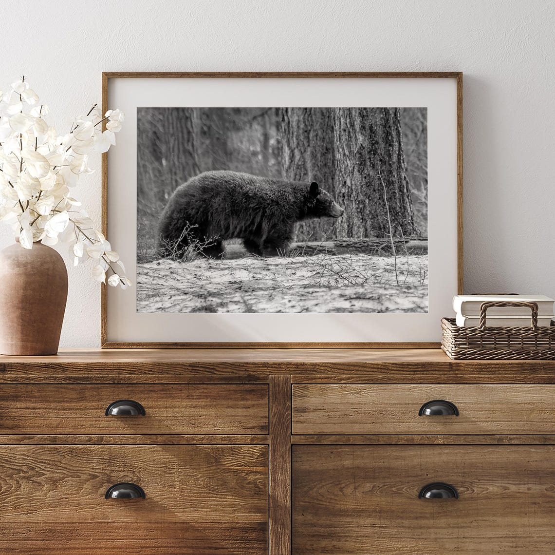Black Bear Walking Snowy Forest Black And White Wildlife Art Poster - Image 2