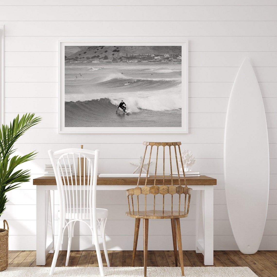 Black And White Surfer Riding Wave California Beach Town Surf Poster - Image 2