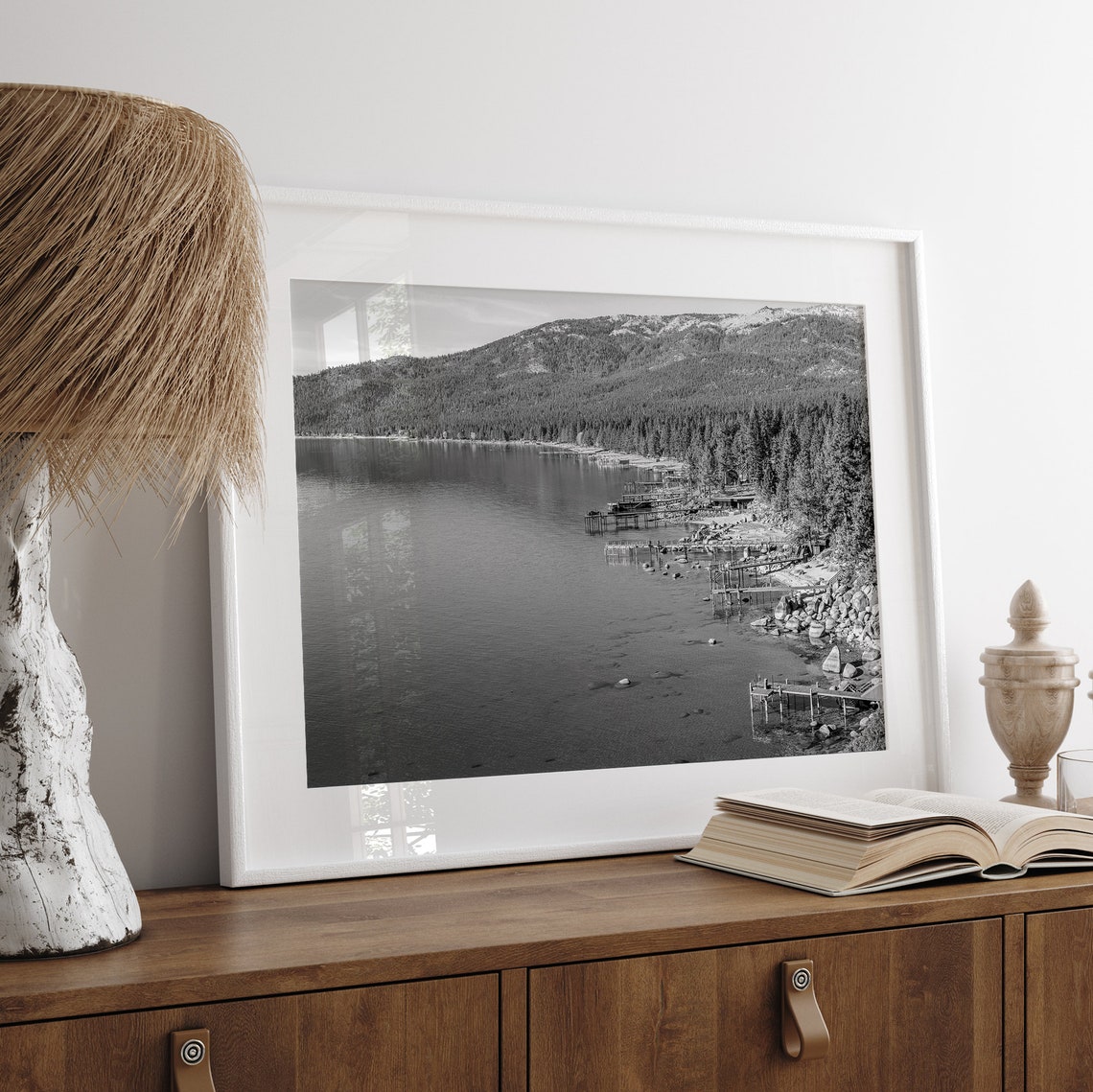 Lake Tahoe Black And White Shoreline Docks Pine Forest Lake Poster - Image 3
