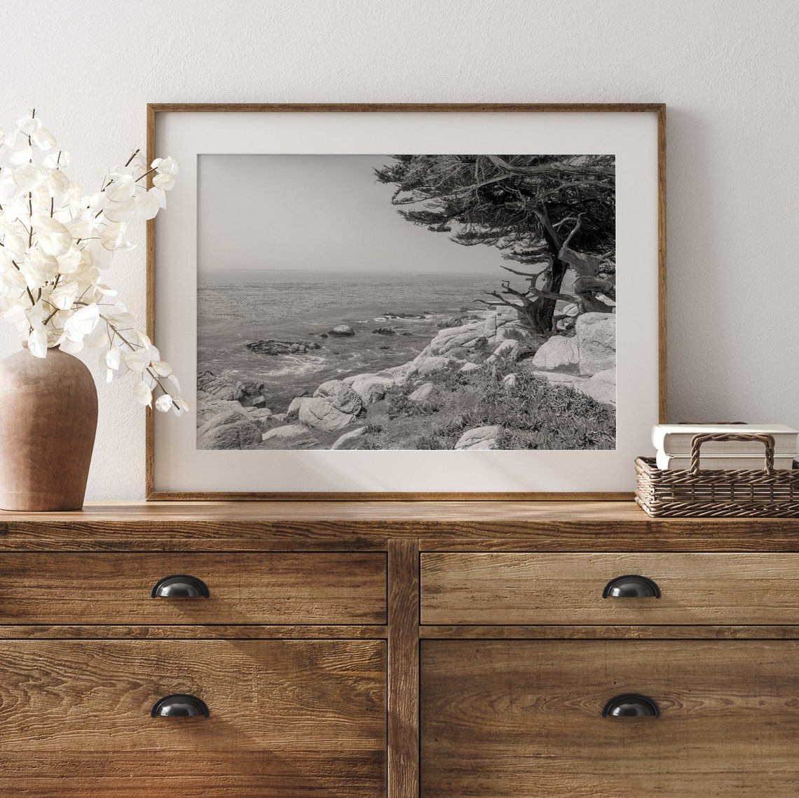 Monterey Cypress Tree Rocky Ocean Bluff Black White Coastal Poster - Image 3