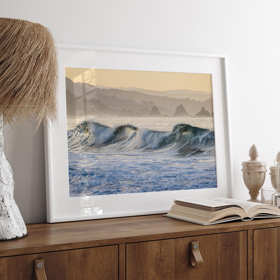 Breaking Ocean Wave Golden Hour Sea Stacks Misty Coast Seascape Poster - Image 2