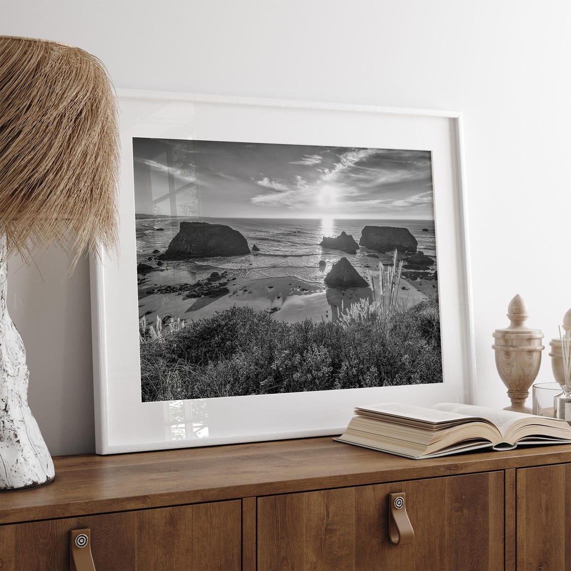 Black And White Coast Sunset Sea Stacks Moody Ocean Beach Poster - Image 5