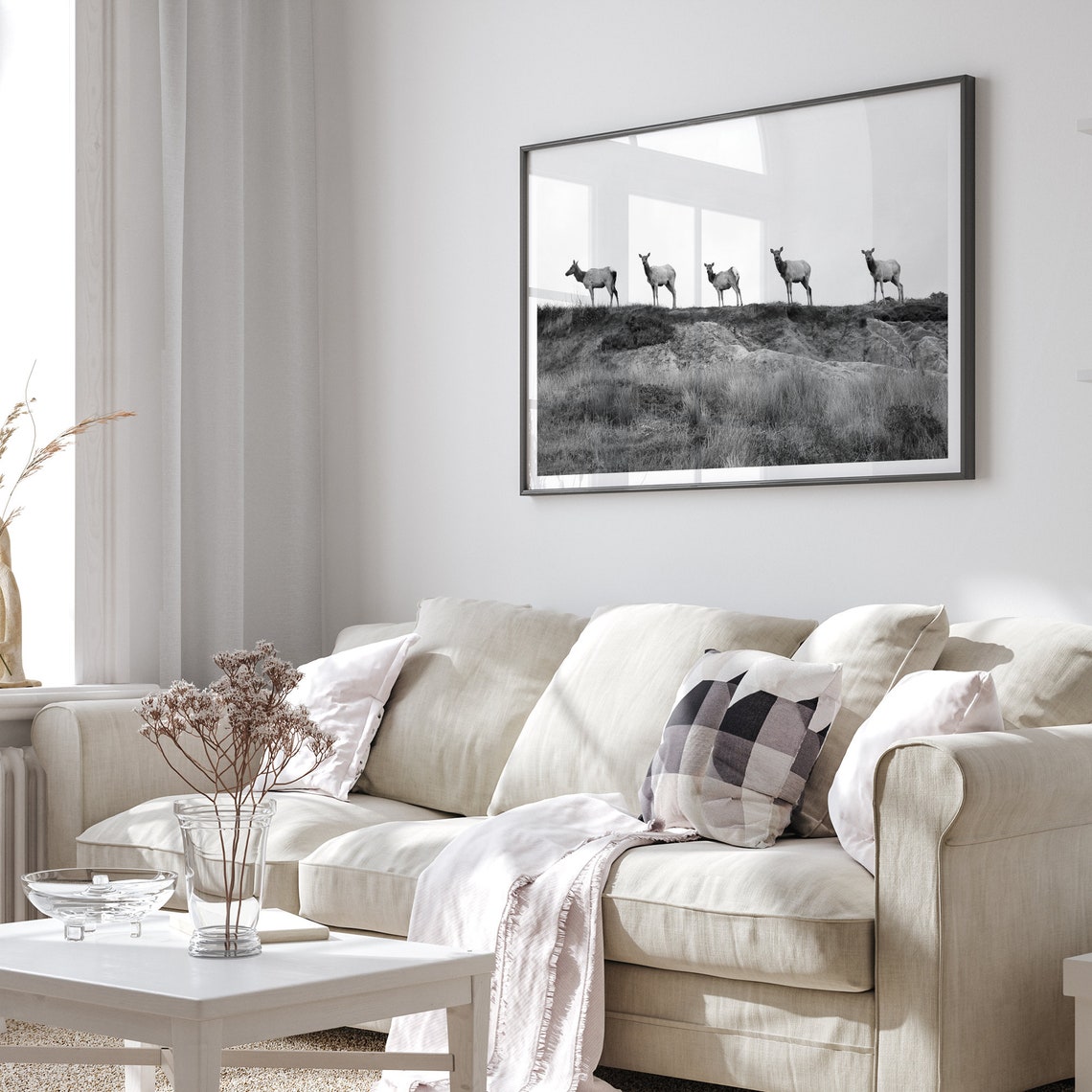 Elk Herd Foggy Meadow Minimalist Black And White Wildlife Poster - Image 4