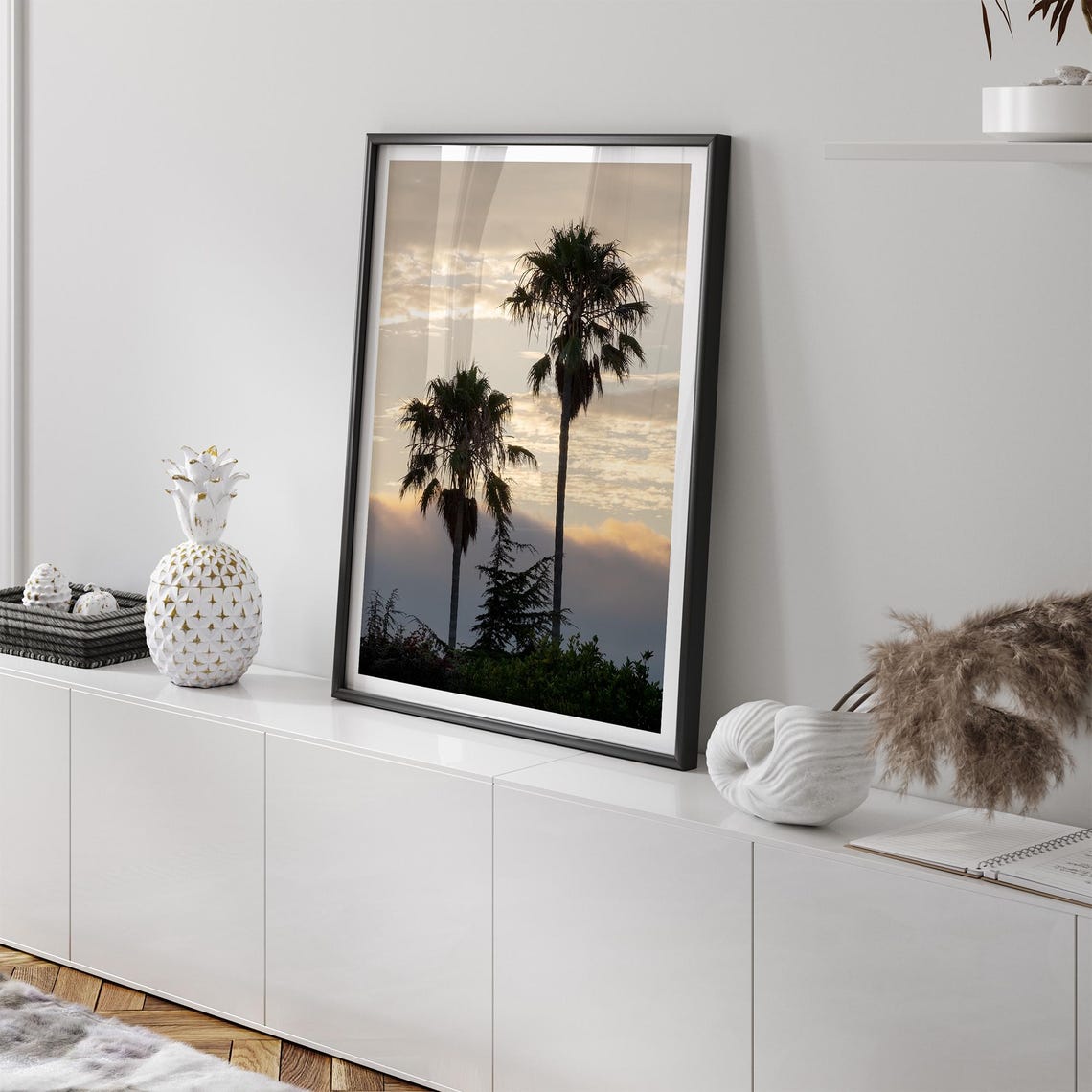 Two Palm Trees Silhouetted Against Golden Sunset Sky Coastal Wall Art - Image 4