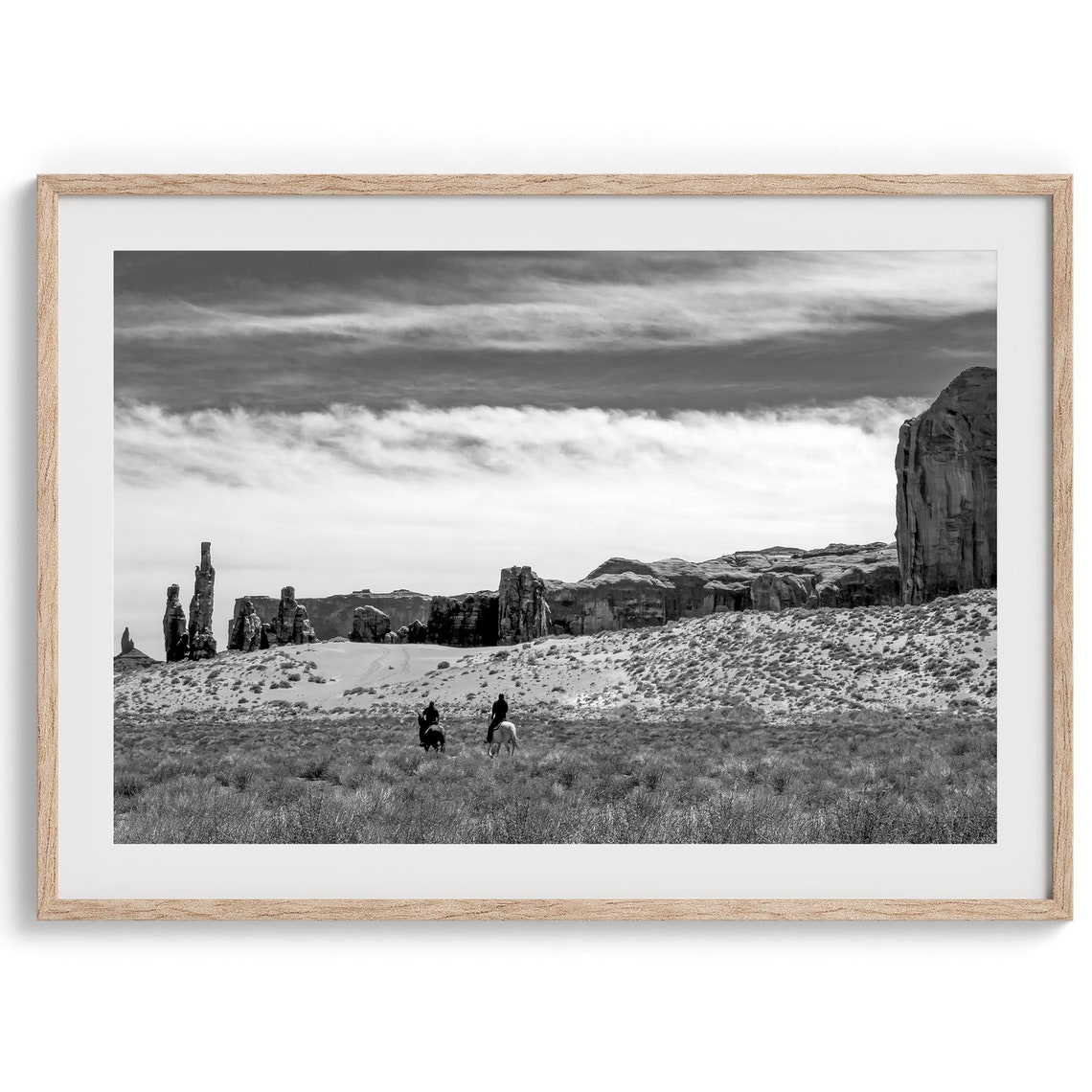 Desert Horseback Riders Black White Western Mesas Trail View Poster