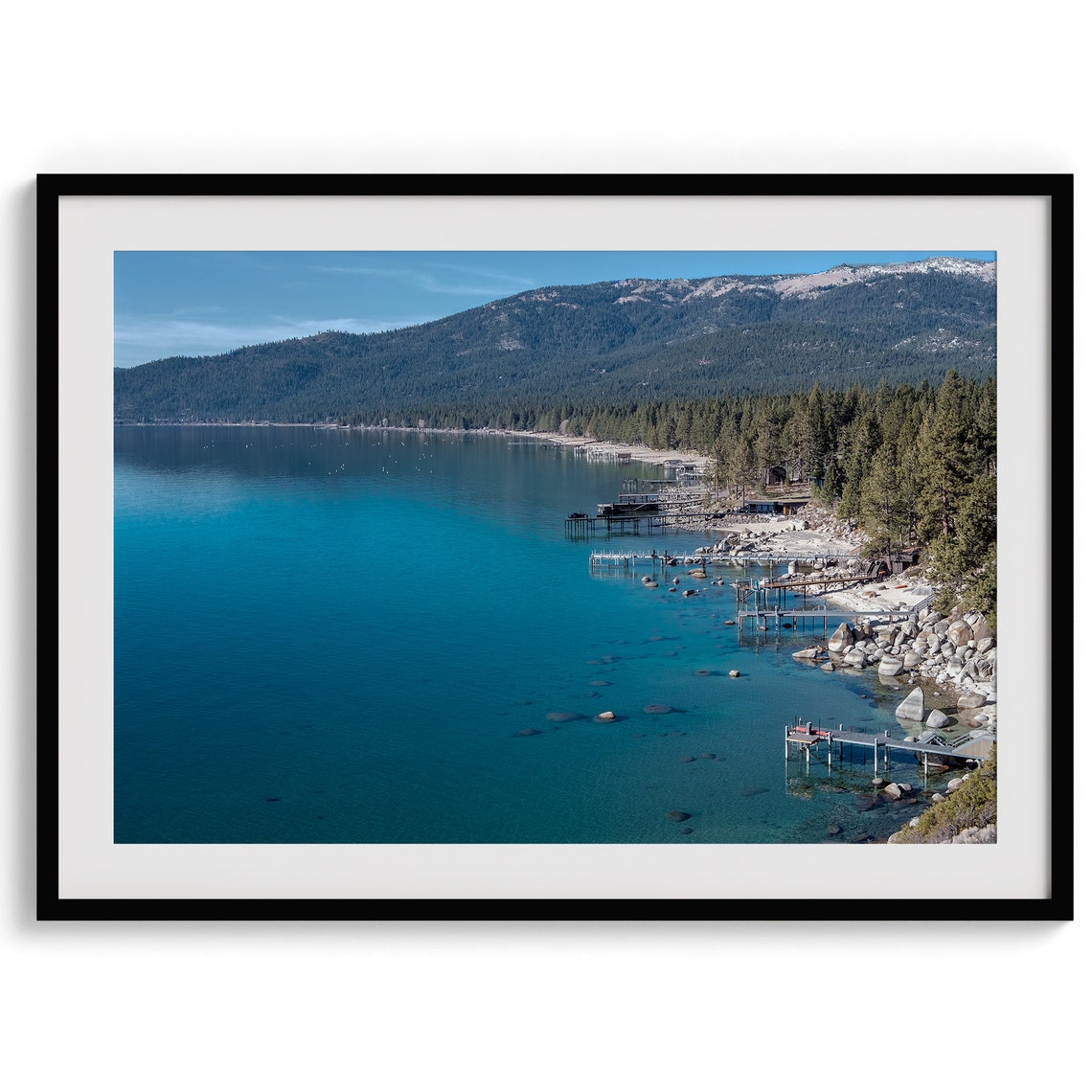 Lake Tahoe Turquoise Water Wooden Docks Pine Forest Shoreline Poster