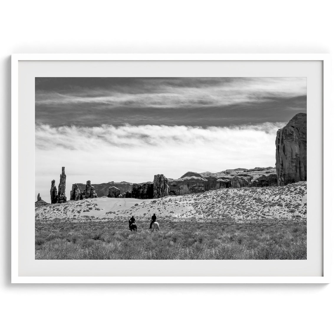 Desert Horseback Riders Black White Western Mesas Trail View Poster - Image 4