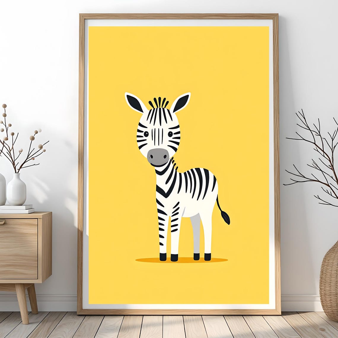 Cute Cartoon Zebra Nursery Poster on Bright Yellow Fun Background