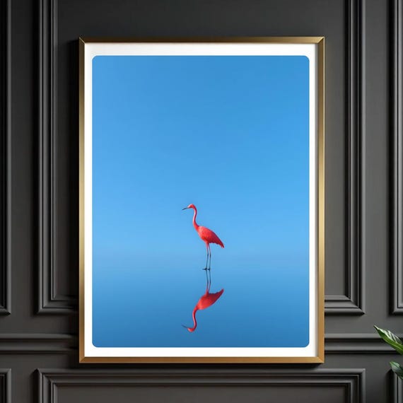 Red Crane Reflection Art Print Minimalist Nature Wall Decor
