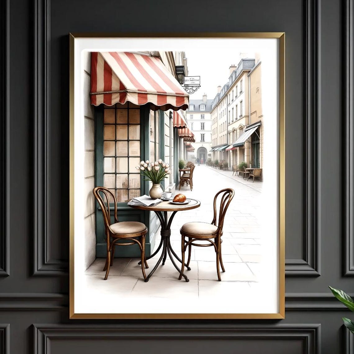 Vintage Paris Cafe Striped Awning Bistro Table Croissant Coffee Poster