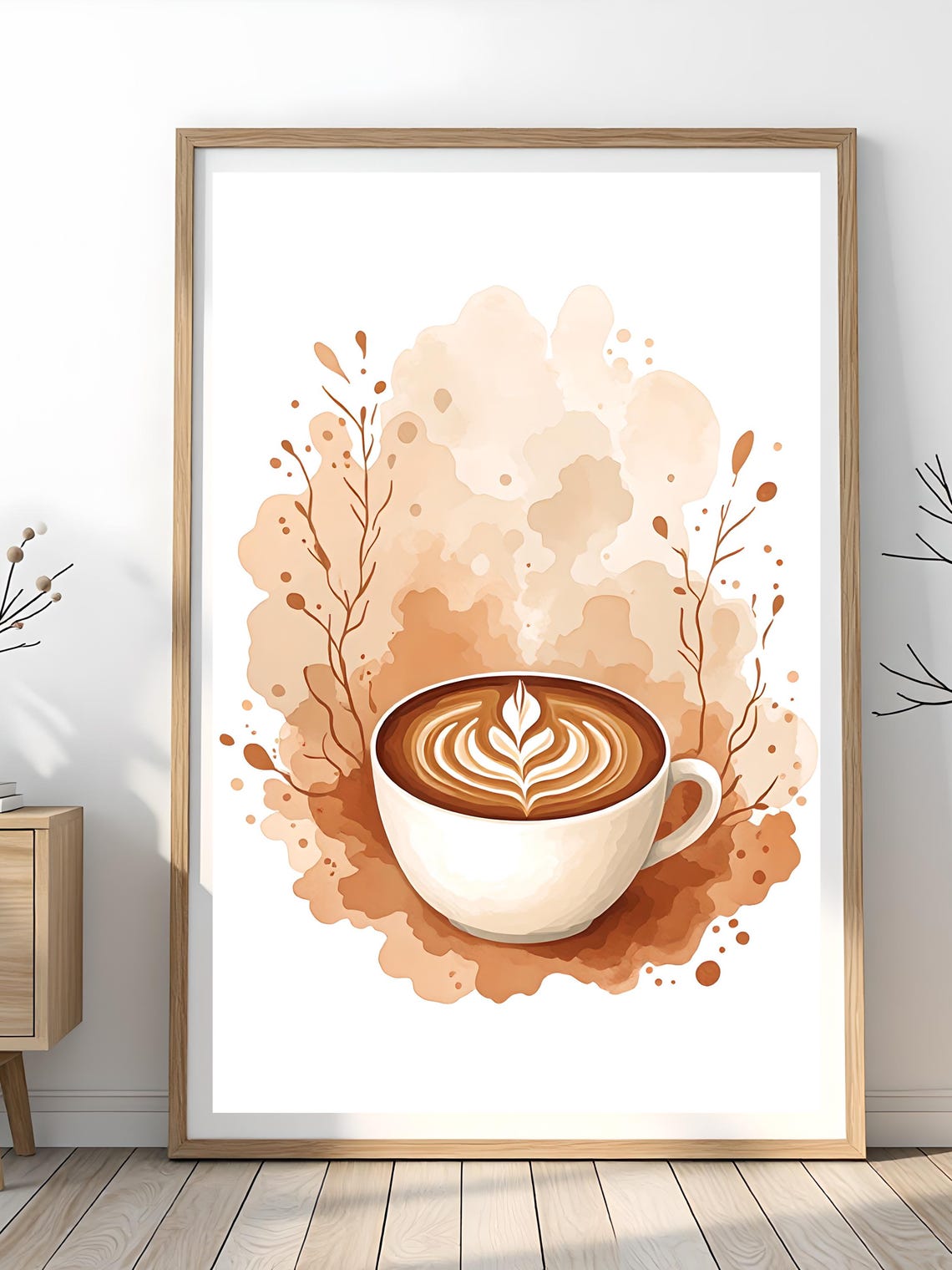 Latte Art Coffee Cup Watercolor Poster with Warm Caramel Splash Decor
