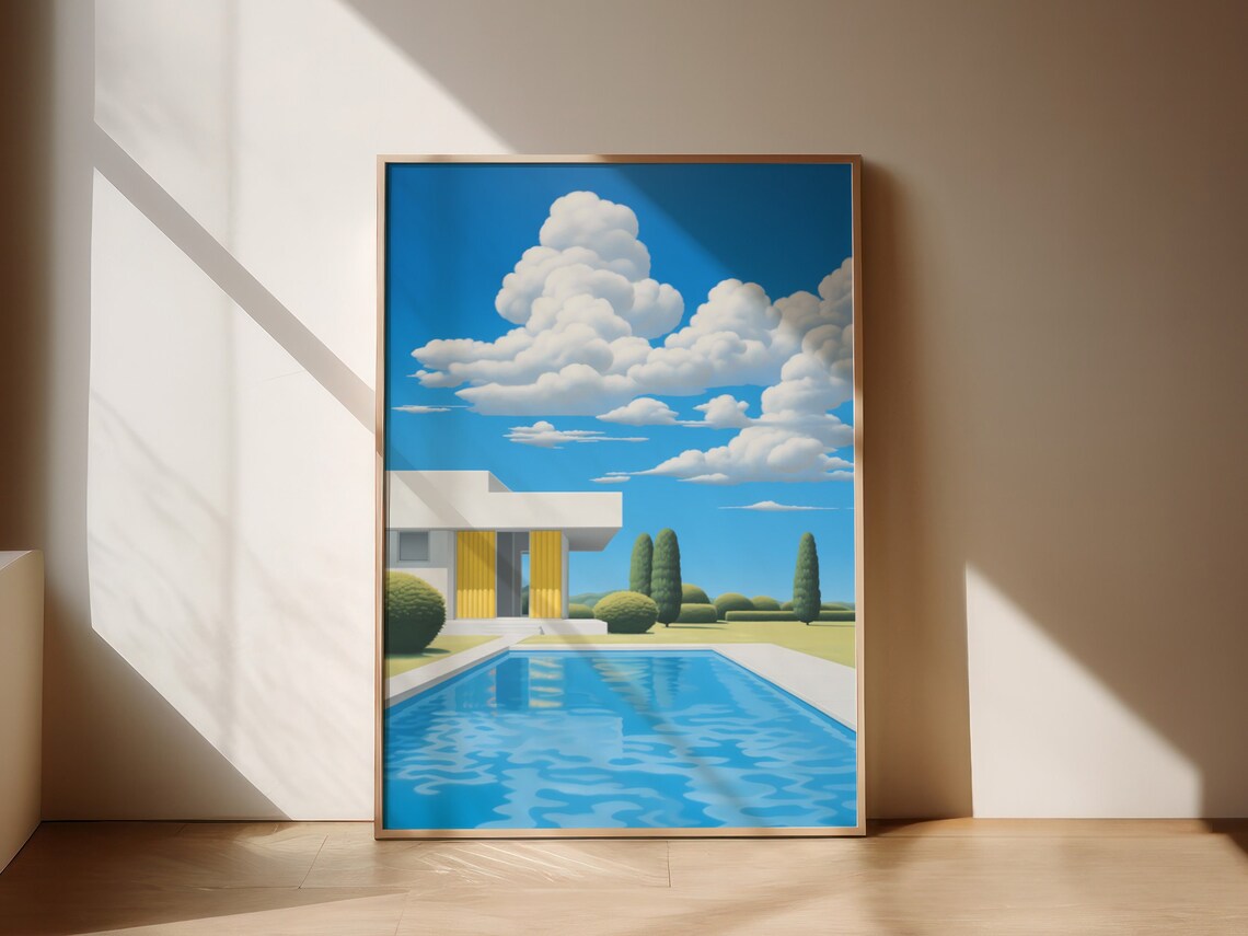 Retro Modernist Villa Swimming Pool Blue Sky Cloud Art Poster