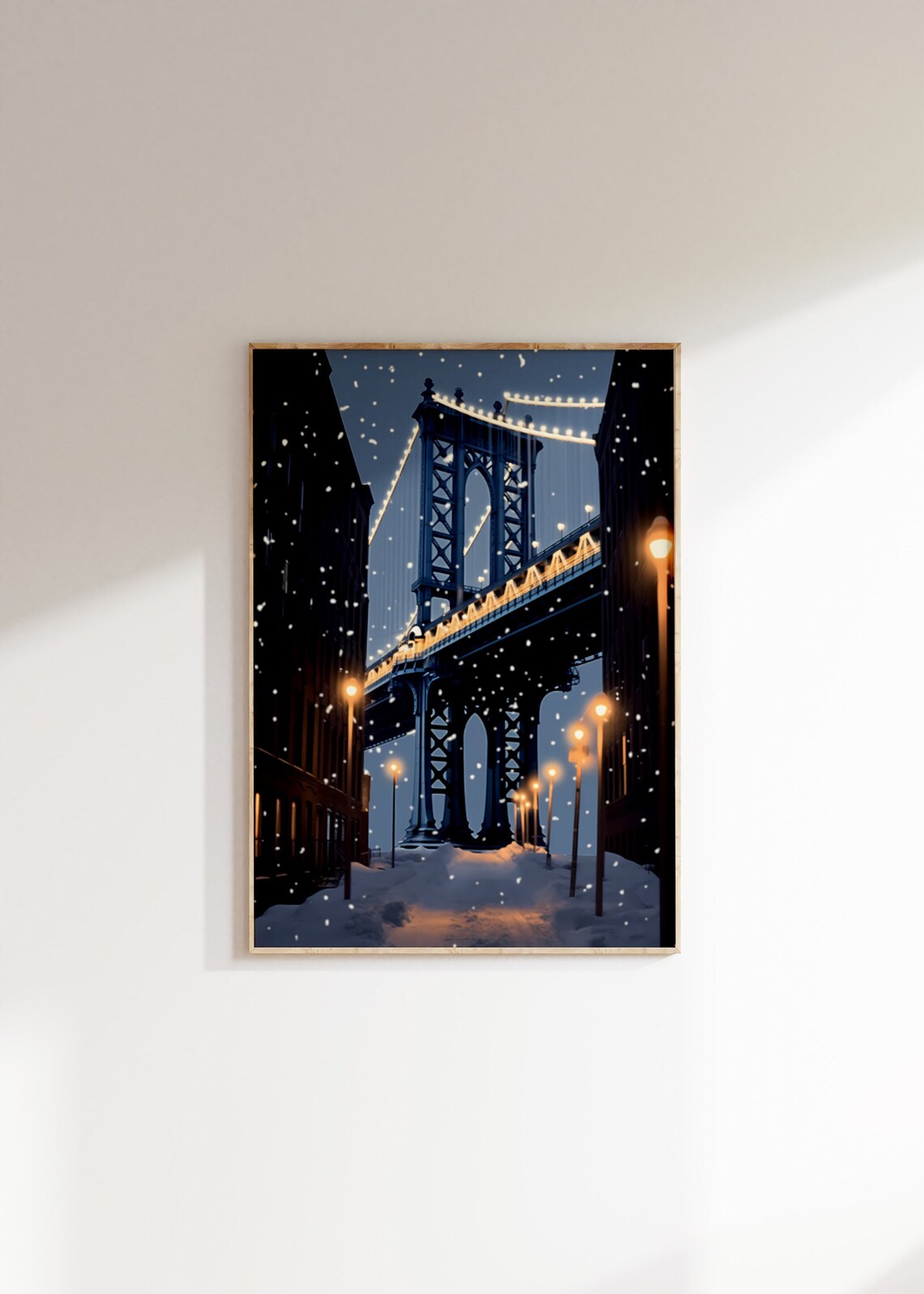 New York Manhattan Bridge Snowy Christmas Night Street Poster