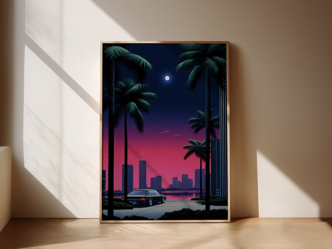 City Pop Midnight Drive Vintage Car Palm Trees Moonlit Sky Poster