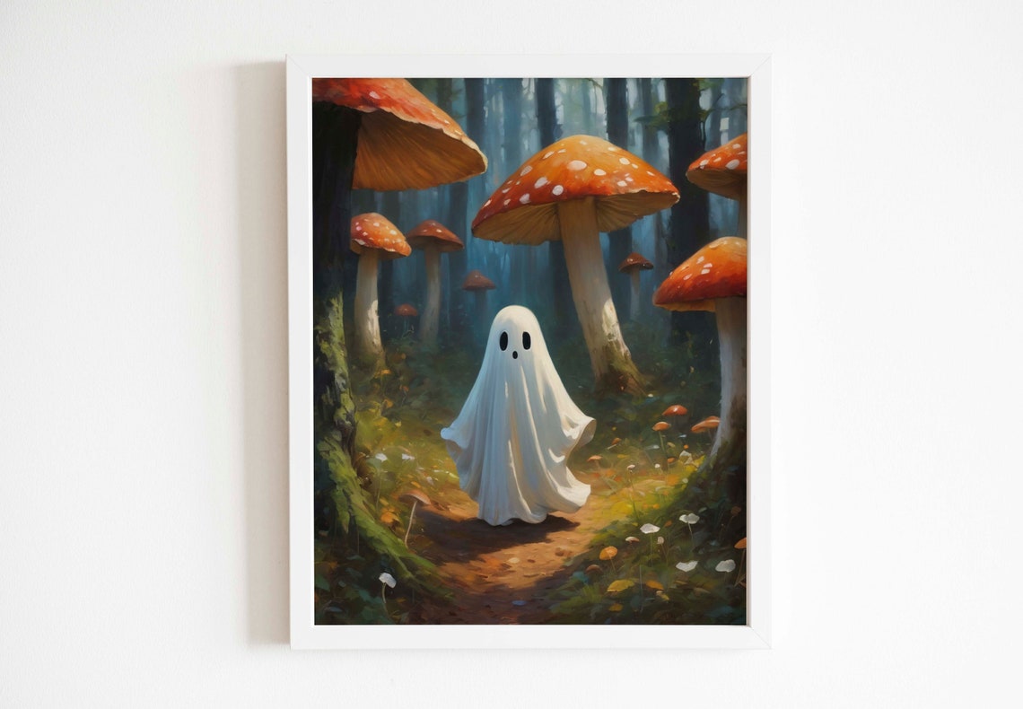 Cute Ghost In A Mushroom Forest With Red Toadstools Spooky Art Poster - Image 2