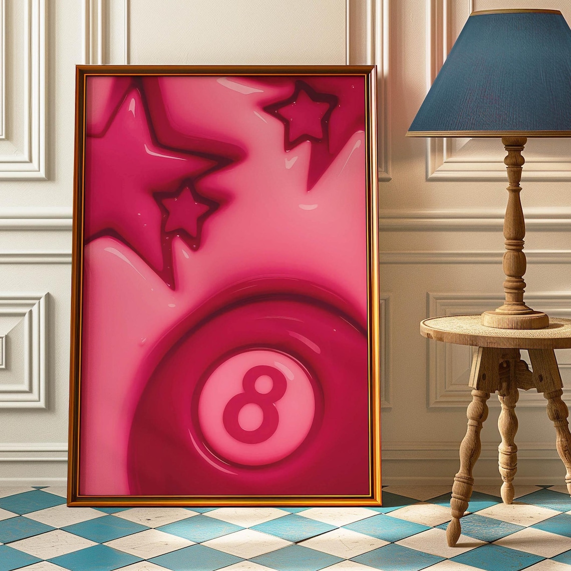 Glossy Pink 8 Ball with Stars Y2K Lucky Pool Ball Preppy Wall Art