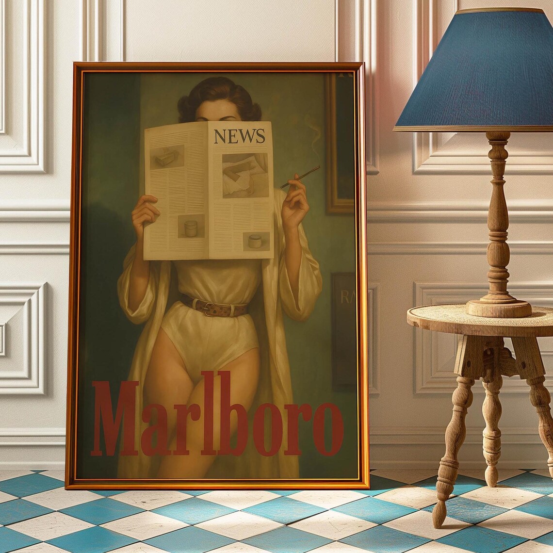 Vintage Marlboro Woman Reading Newspaper Retro Advertising Poster