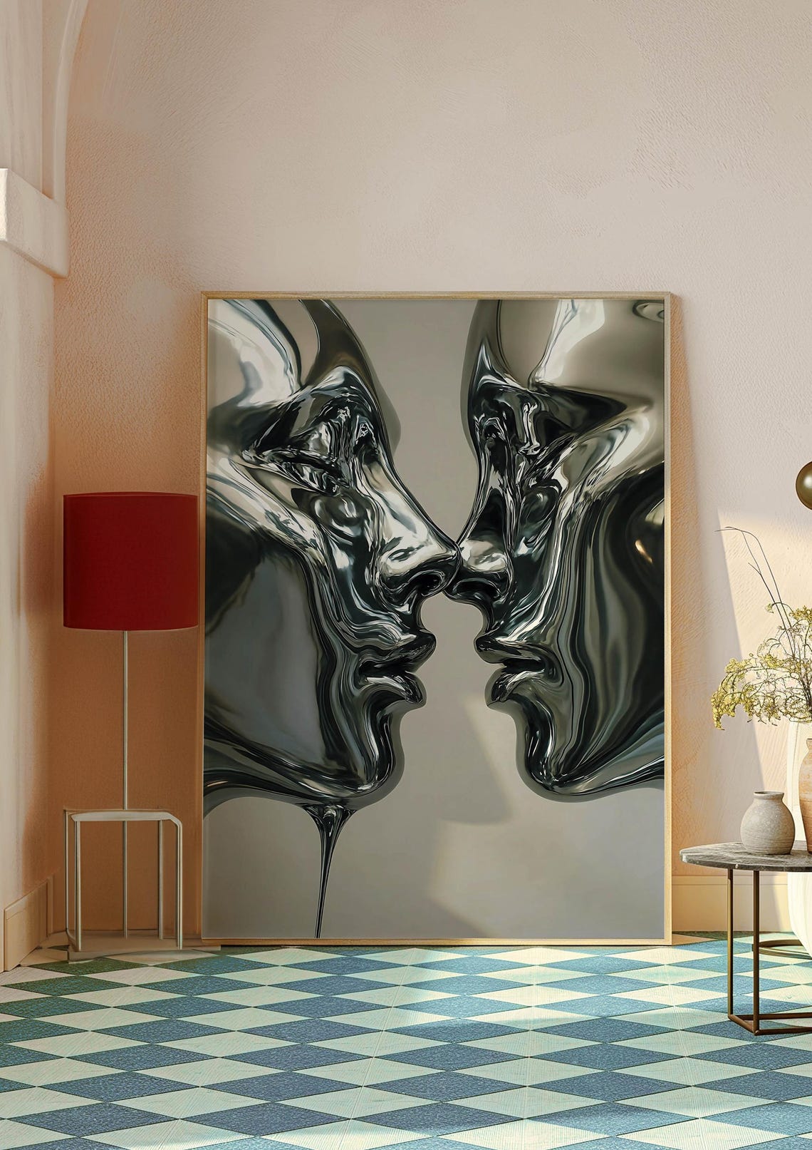 Liquid Chrome Faces Kiss Surreal Metallic Couple Abstract Poster