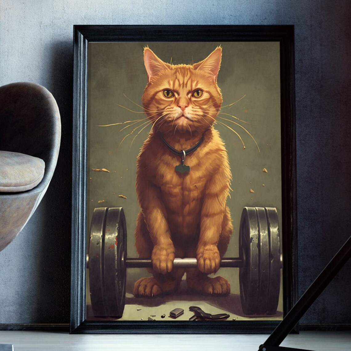 Muscular Orange Cat Lifting a Barbell Funny Gym Workout Poster