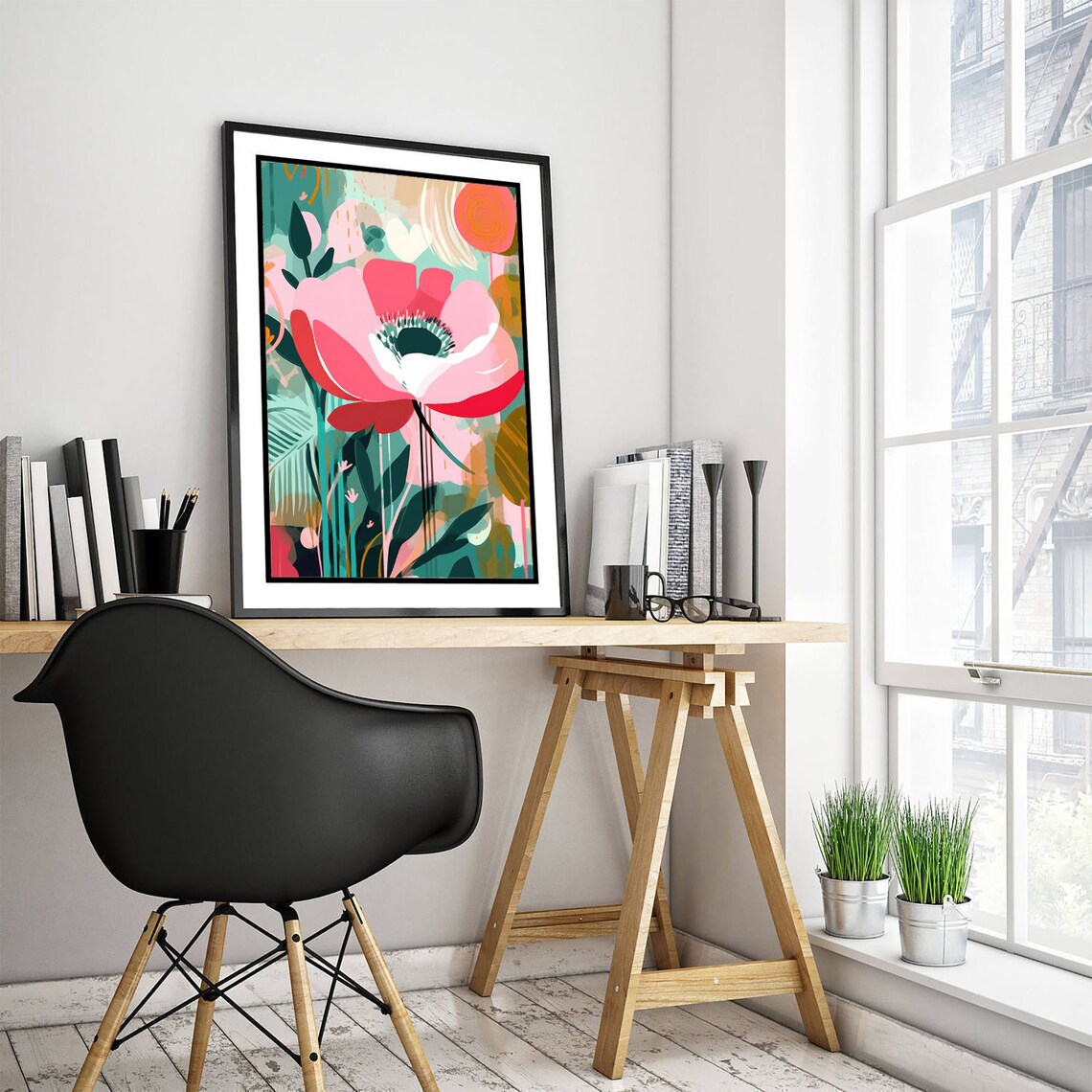Abstract Pink Poppy Flower Teal Leaves Modern Botanical Art Print - Image 3