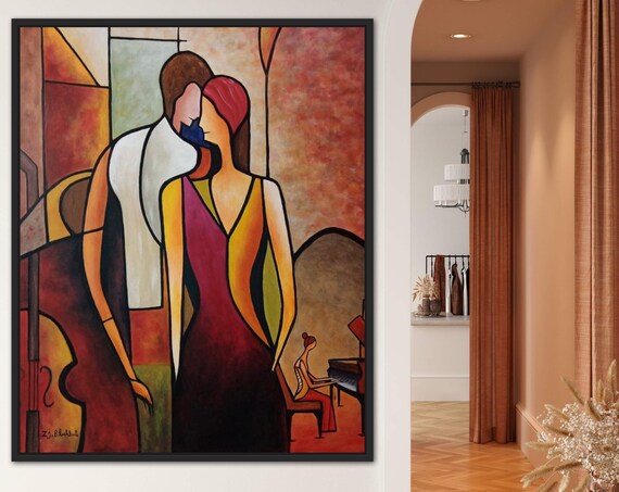 Romantic Couple Embrace with Piano Stained Glass Painting Poster