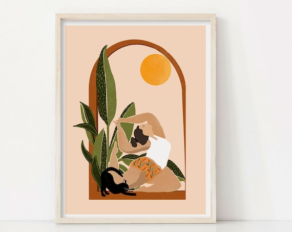 Yoga Studio Boho Cat Body Positive Art Print