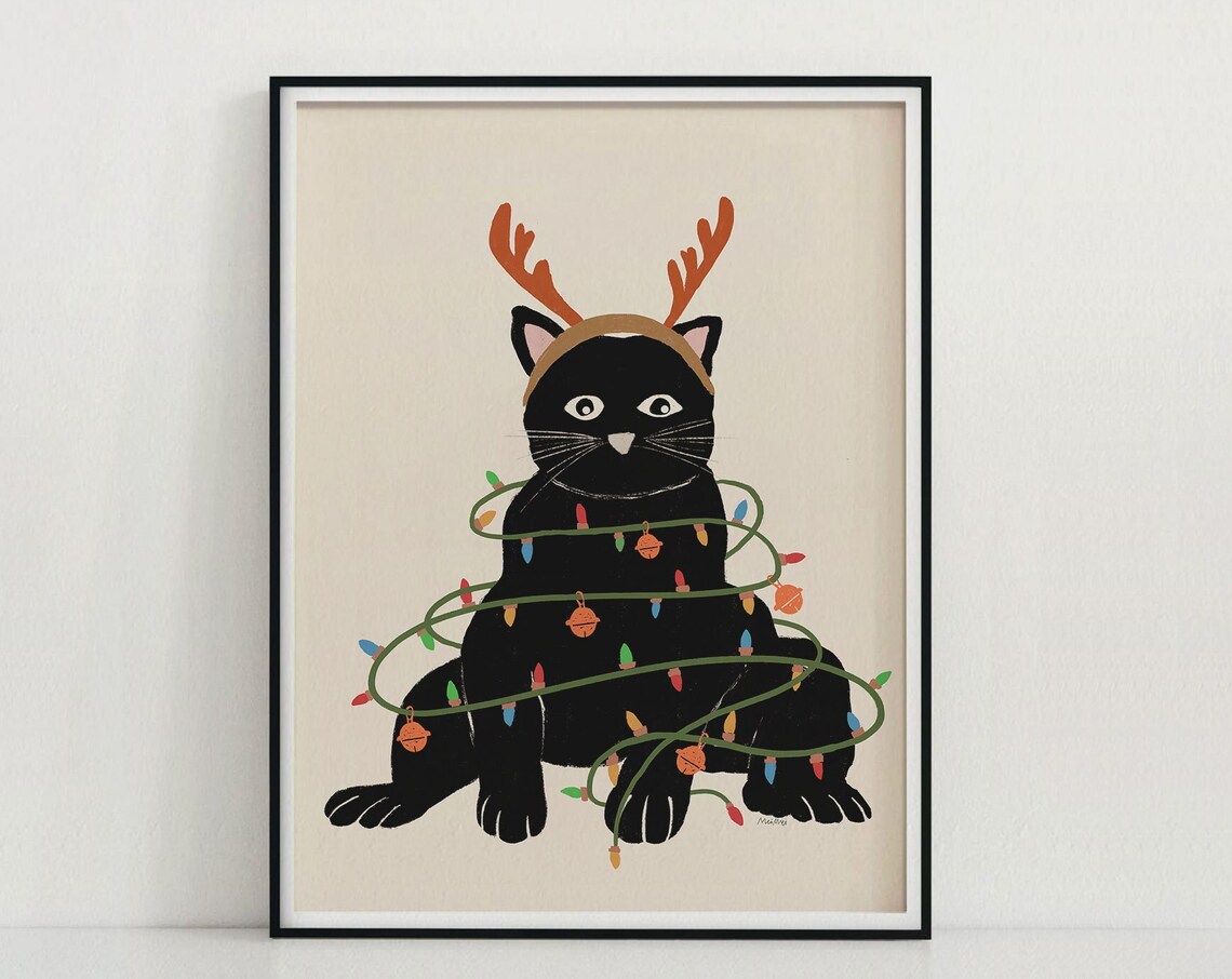 Christmas Cat Art, Reindeer Cat Christmas Print