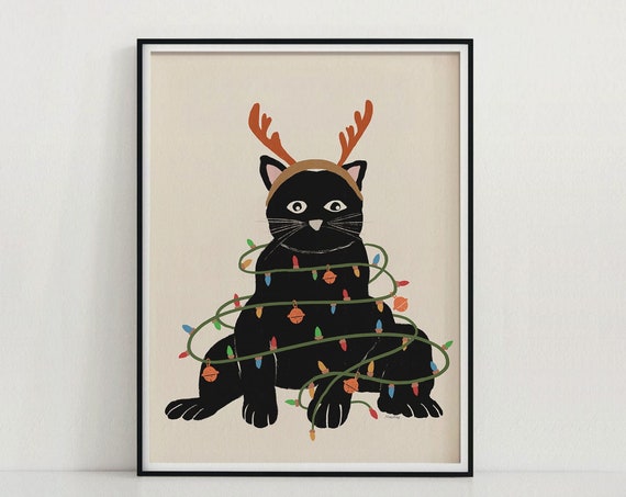 Christmas Cat Art, Reindeer Cat Christmas Print
