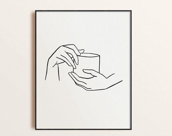 Minimalist Line Art of Hands Holding Coffee Cup Kitchen Poster