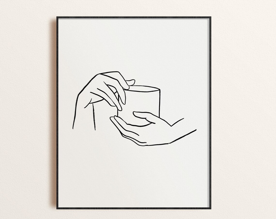 Minimalist Line Art of Hands Holding Coffee Cup Kitchen Poster