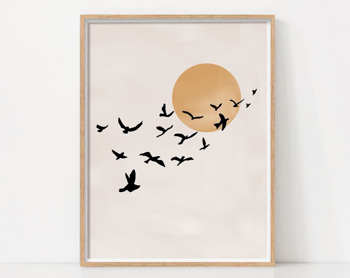 Sunset Flying Birds Poster, Mid-Century Modern Decor