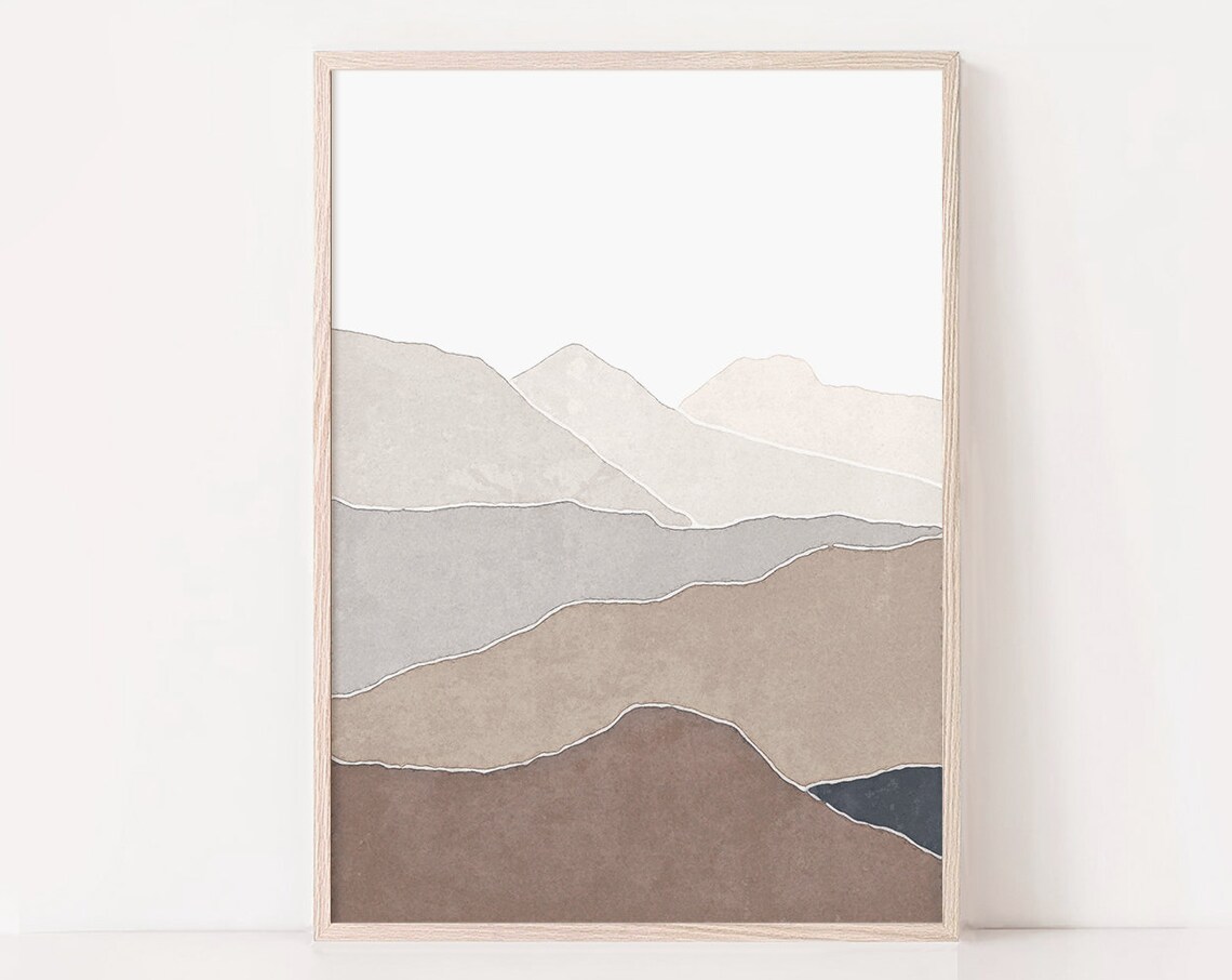 Brown Beige Mountain Art Print, Neutral Boho Decor