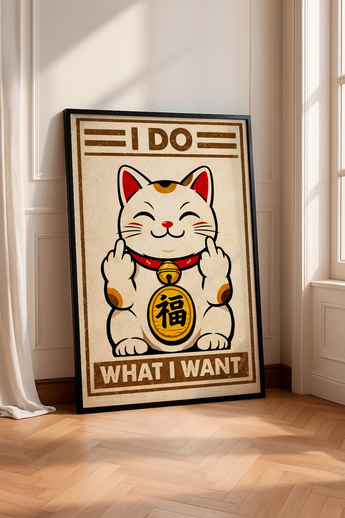 Japanese Retro Maneki Neko Poster Vintage Art Print Lucky Cat Wall Funny Pop Illustration Unique Home Decor Gift