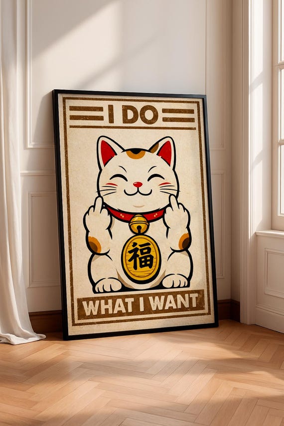Japanese Retro Maneki Neko Poster Vintage Art Print Lucky Cat Wall Funny Pop Illustration Unique Home Decor Gift