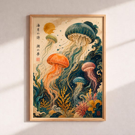 Japanese Jellyfish Art Print Vintage Woodblock Style Coastal Wall Decor Ocean Coral Reef Poster Blue Orange Nautical Gift