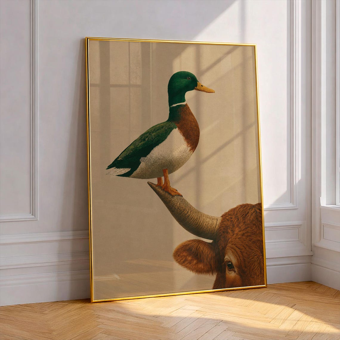 Funny Mallard Duck On Highland Cow Horn Whimsical Farm Art Print