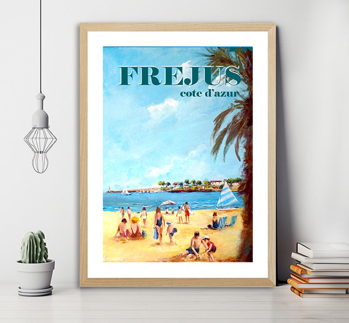 Frejus Cote dAzur Sunny Beach Day Sailboats Vintage Travel Poster
