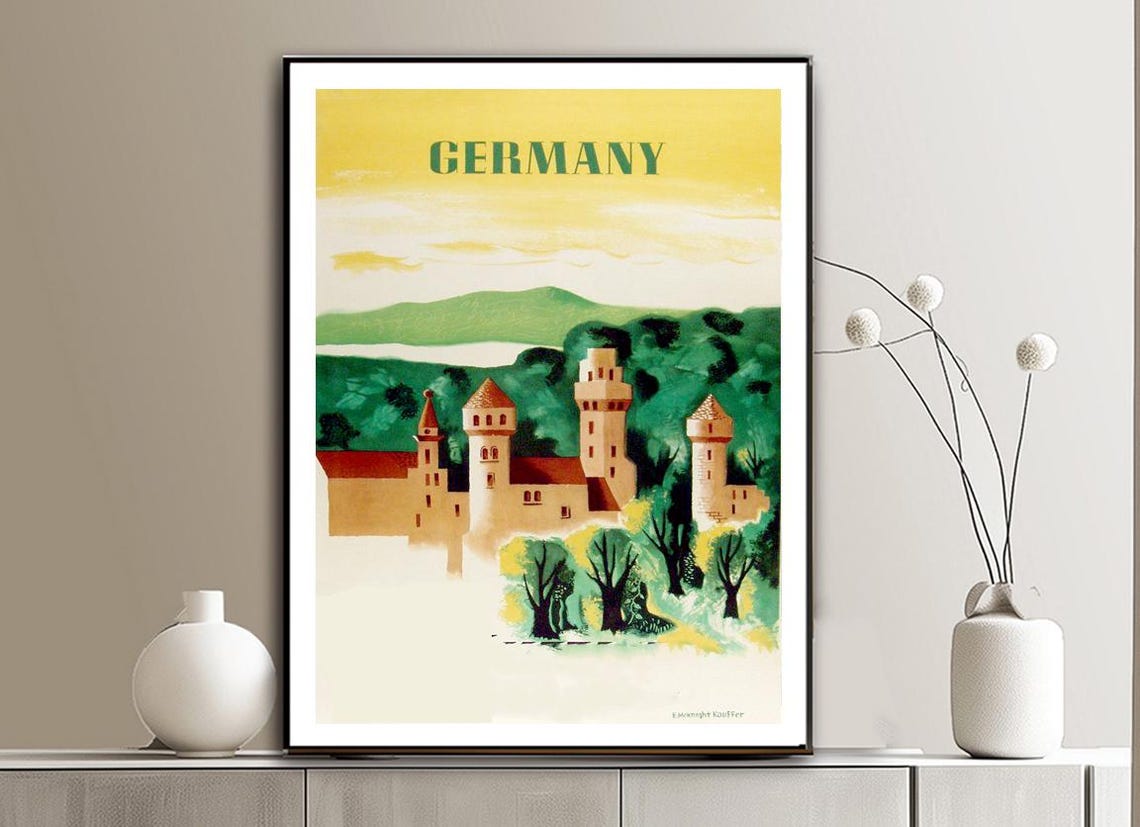 Germany Vintage Travel Poster Fairytale Castle Forest Hills Art - Image 2